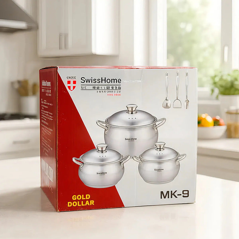 Batería De 3 Ollas Swisshome Acero Inoxidable Con Accesorios Color Plateado