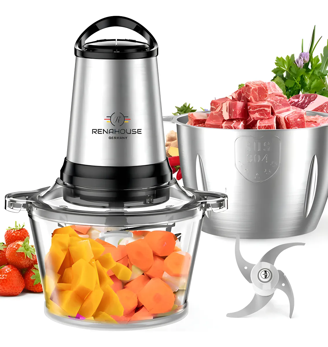 Picatodo Electrico Doble Bowl Cuchillas 400w 3lt Color Plateado