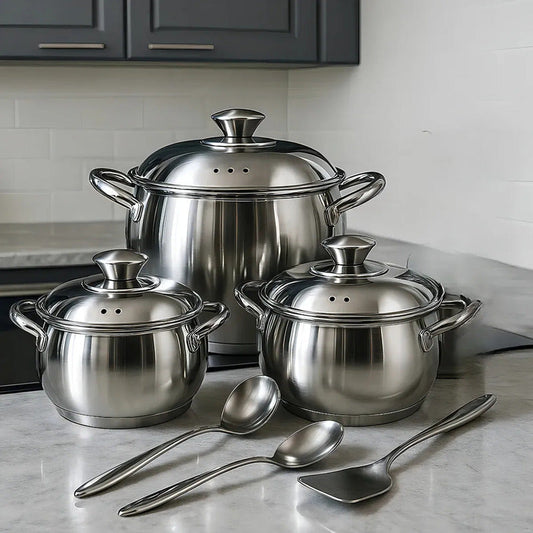 Batería De 3 Ollas Swisshome Acero Inoxidable Con Accesorios Color Plateado