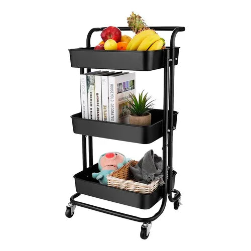 Carrito Organizador 3 Niveles Multiusos Métalico Ruedas 360 Color Negro