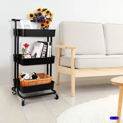 Carrito Organizador 3 Niveles Multiusos Métalico Ruedas 360 Color Negro