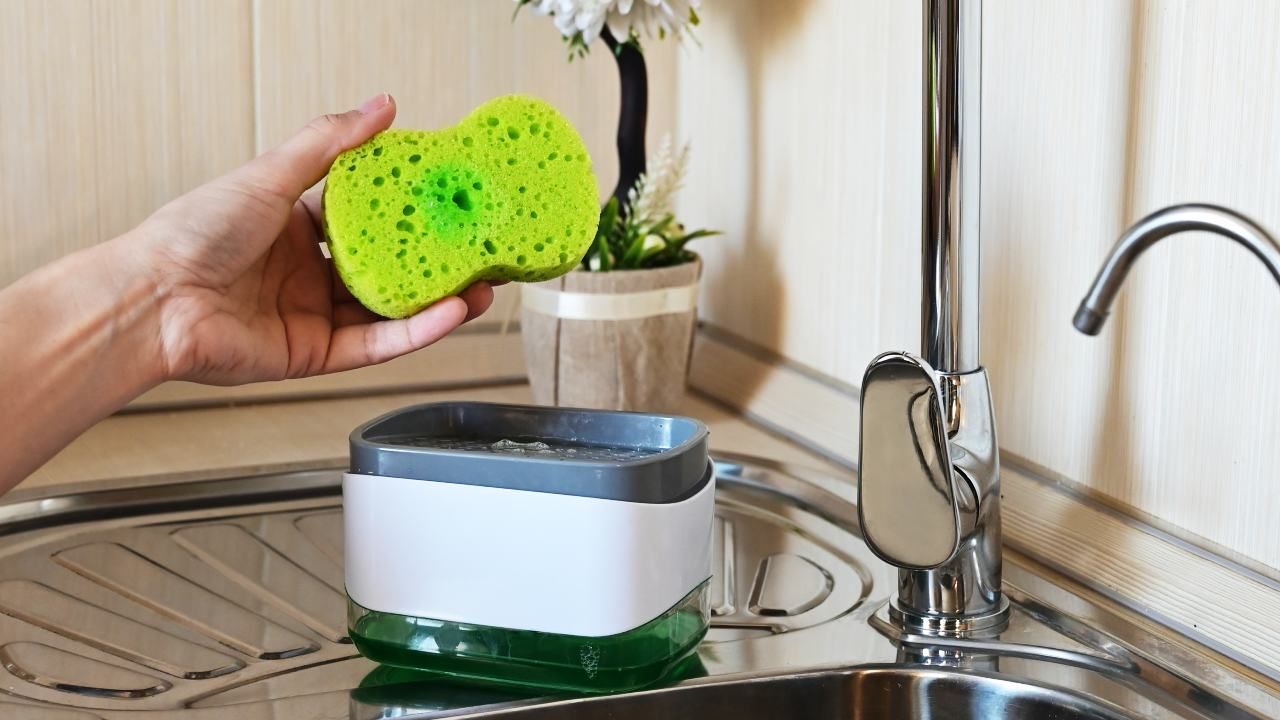 Dispensador De Jabon Liquido Lavaplatos Con Esponja Soporte Color Blanco