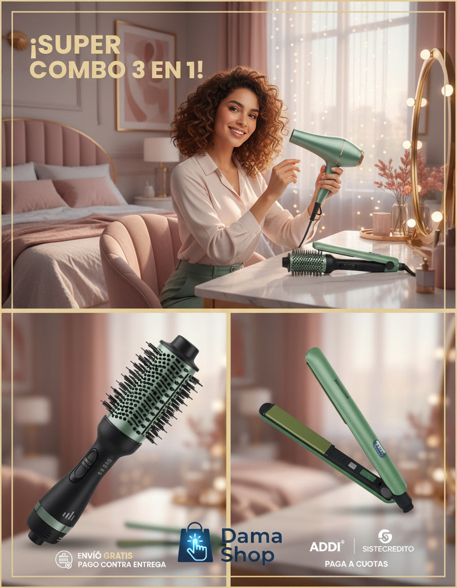 Combo 3 en 1 Aguacate, Cepillo Secador+ Plancha + Secador